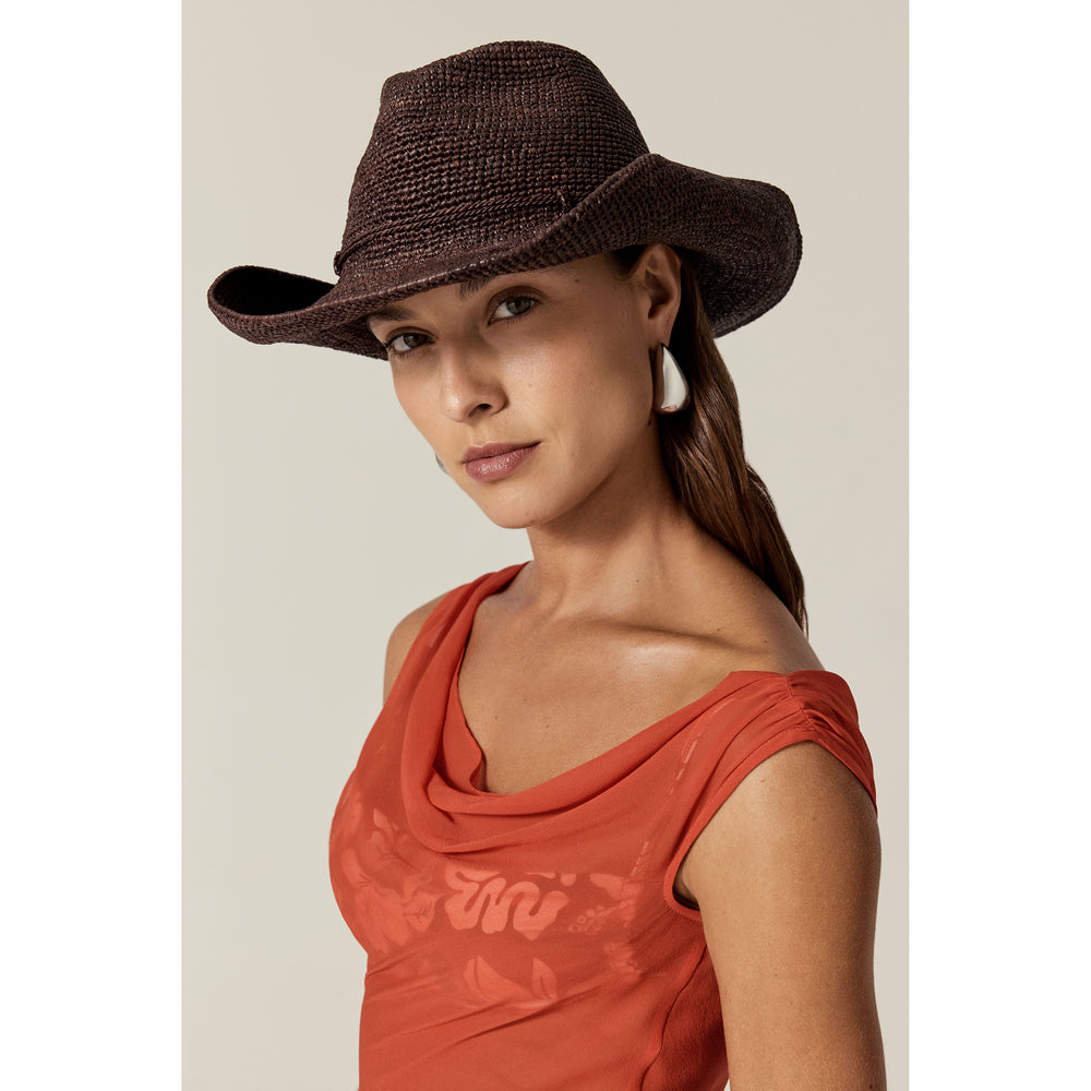 Belen Raffia Crochet Fedora Hat - Chocolate | Helen Kaminski AU