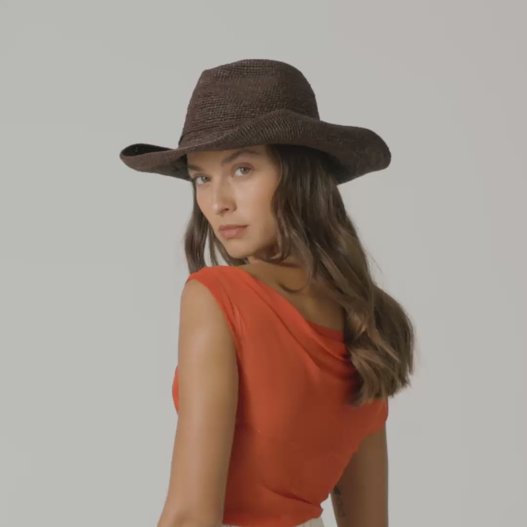 Belen Raffia Crochet Fedora Hat - Chocolate | Helen Kaminski AU