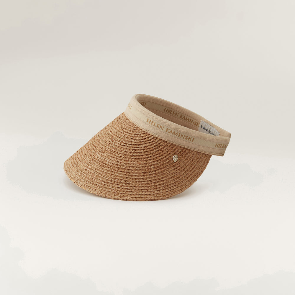 Bianca 12 Raffia Visor in Nougat Natural Logo - Helen Kaminski AU